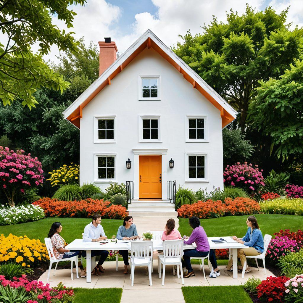 A cozy home with a serene garden, symbolizing financial security, surrounded by diverse people engaging in discussions about insurance strategies. Overlay of shield icons representing safety and protection, with a calculator and paperwork subtly integrated into the scene. Bright and inviting colors, radiating positivity and optimism. super-realistic. vibrant colors. white background.