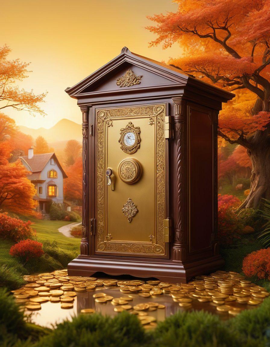 A serene scene featuring a person confidently unlocking a large, ornate safe filled with gold coins and insurance papers, symbolizing financial security. In the background, a dreamy landscape merges with various insurance icons (like a house, car, and health symbols) floating around, showcasing customized coverage options. The person has a thoughtful expression, held in a warm, inviting color palette. surrealism. vibrant colors. soft focus.
